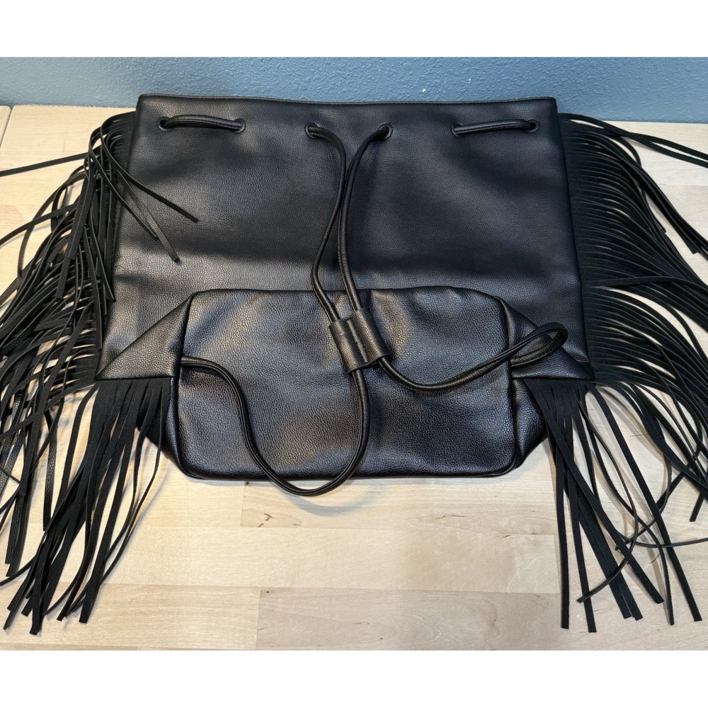 Victoria's Secret Drawstring Bag Fringe Backpack Black Faux Leather Sack NWT - Picture 3 of 11